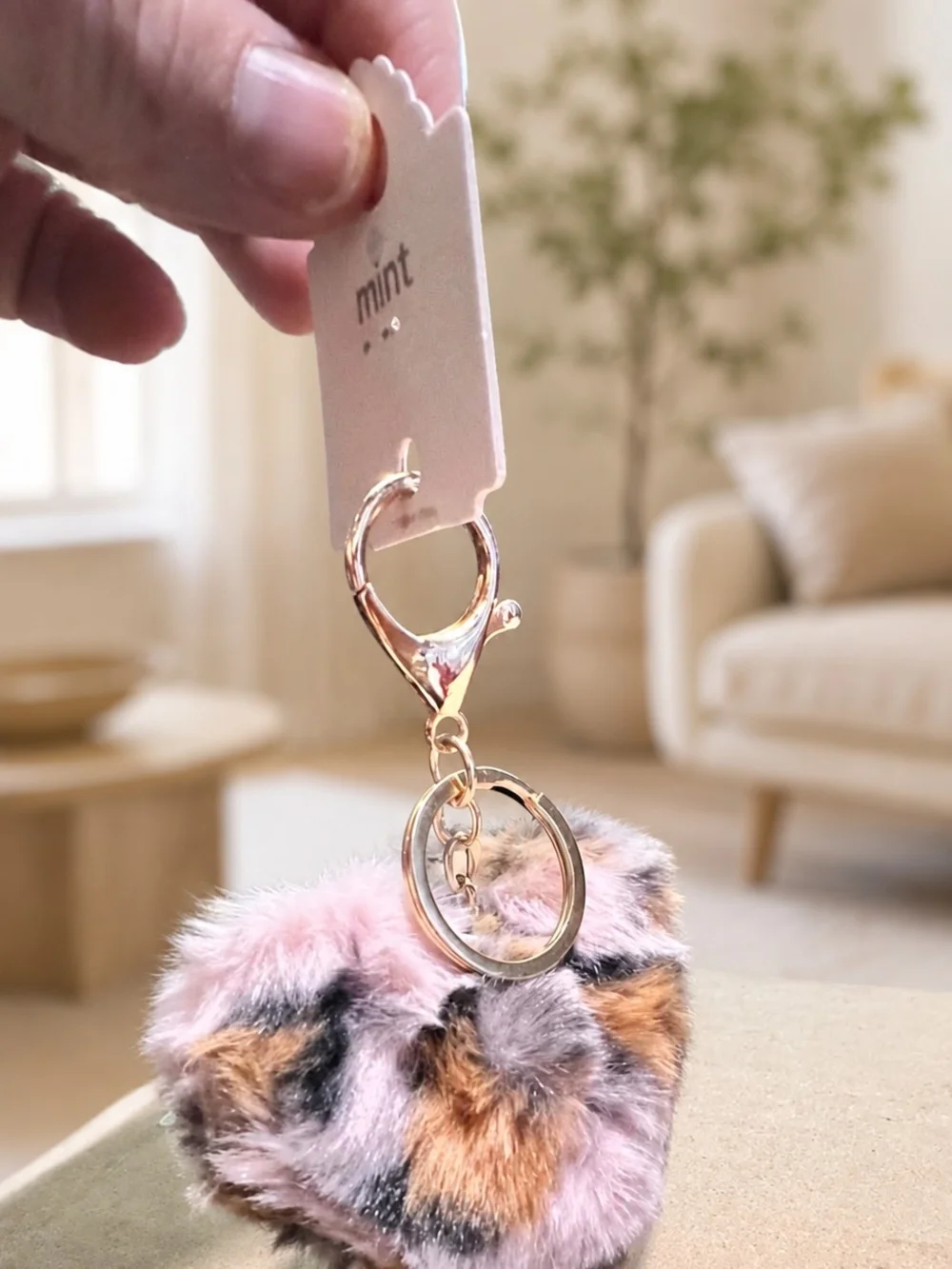Mint Multicolor Faux Fur Heart Key & Card Holder with Gold Hardware